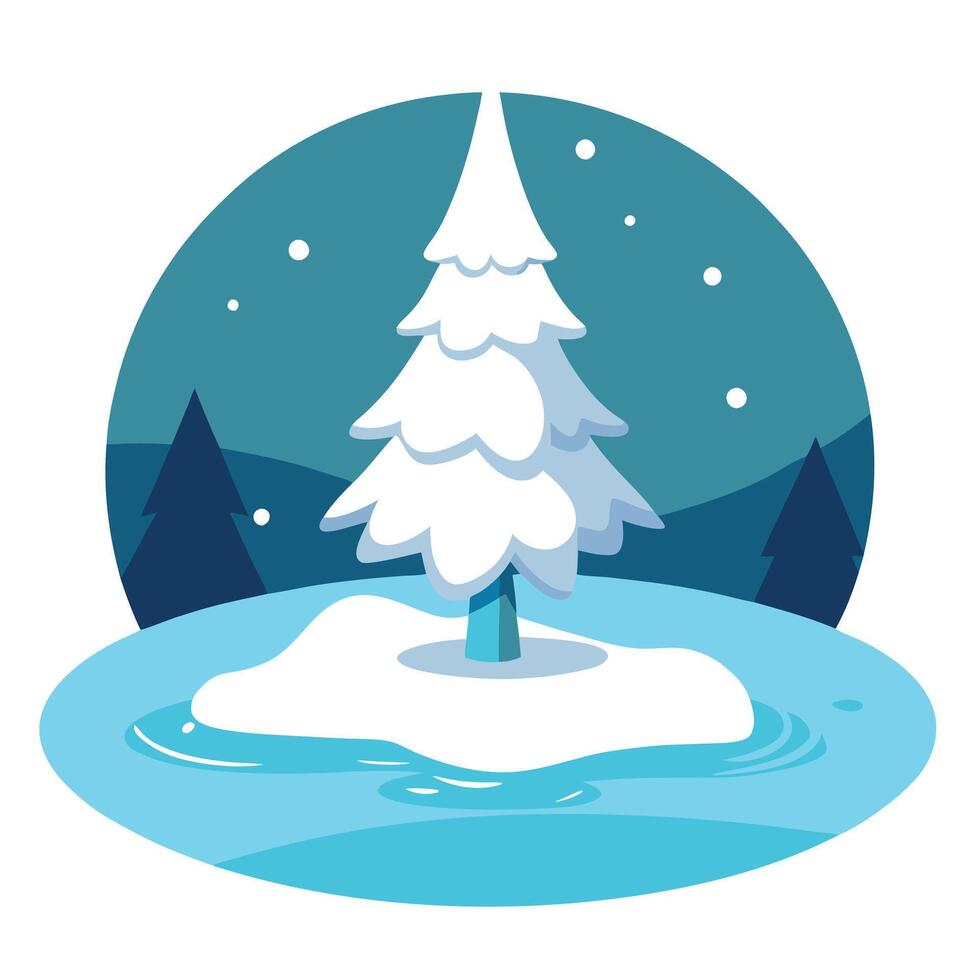 A white christmas tree in the middle of a frozen lake. vector