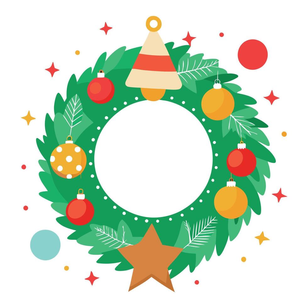 Pine tree wreath with christmas decorations and square blank space in middle vector