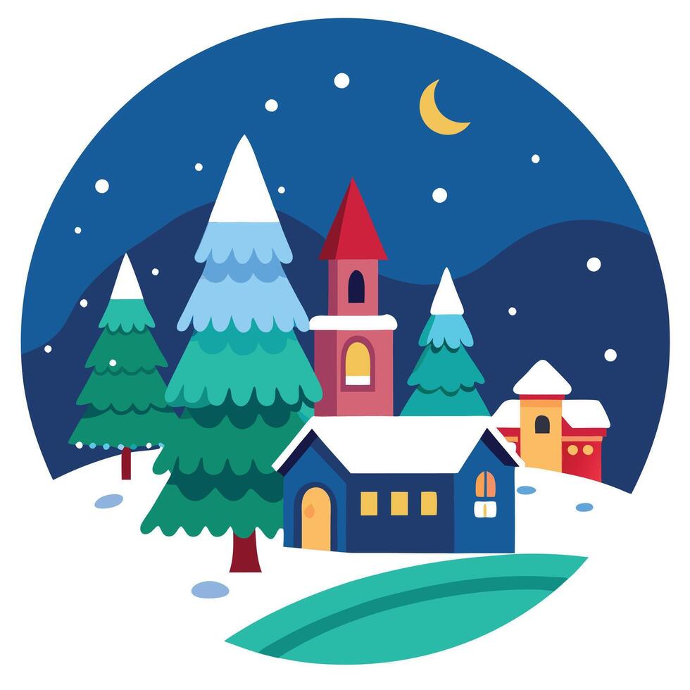 Illustration winter atmosphere on christmas eve in a village with a fir tree vector