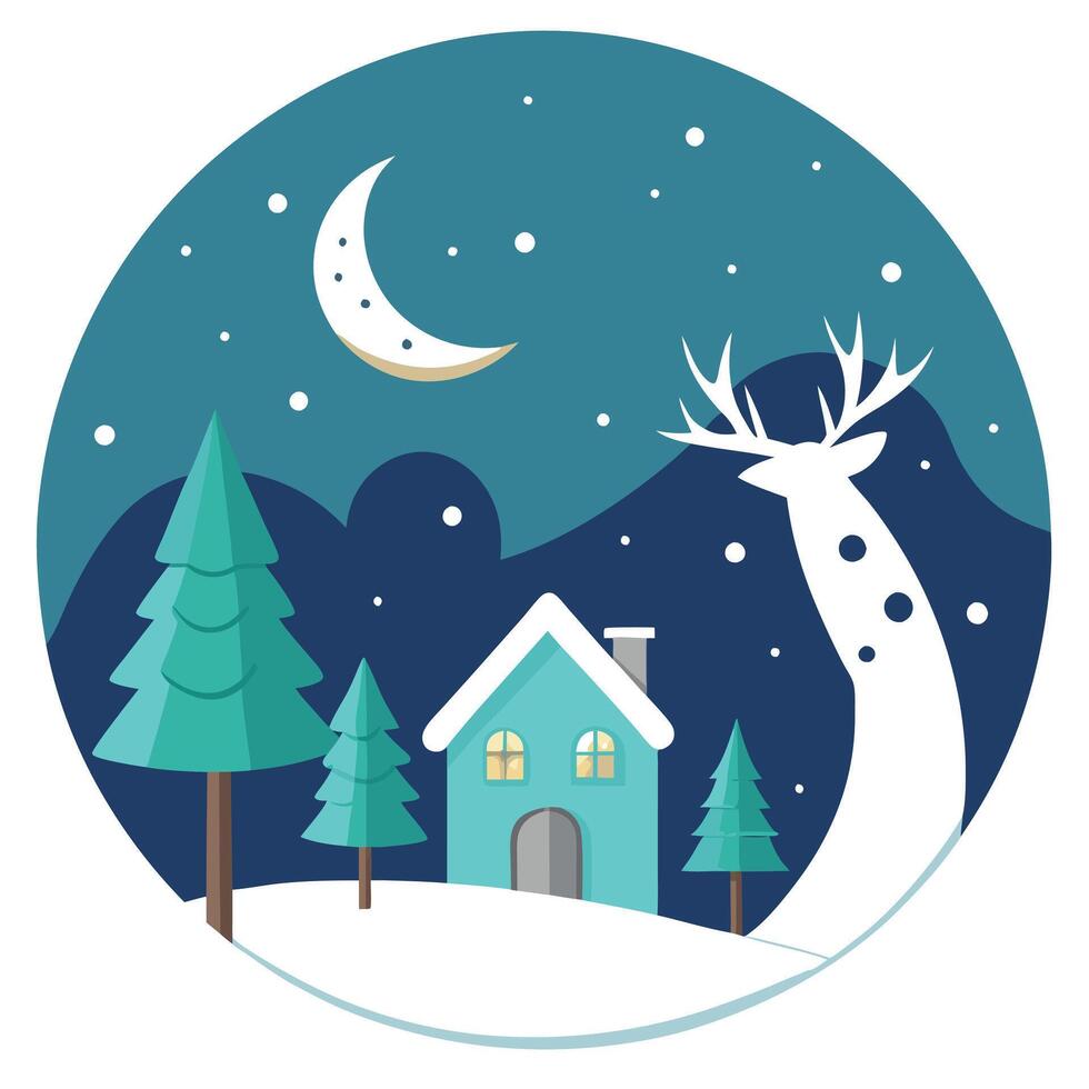 Paper cut christmas with house tree reindeer and and moon on white snow winter background vector