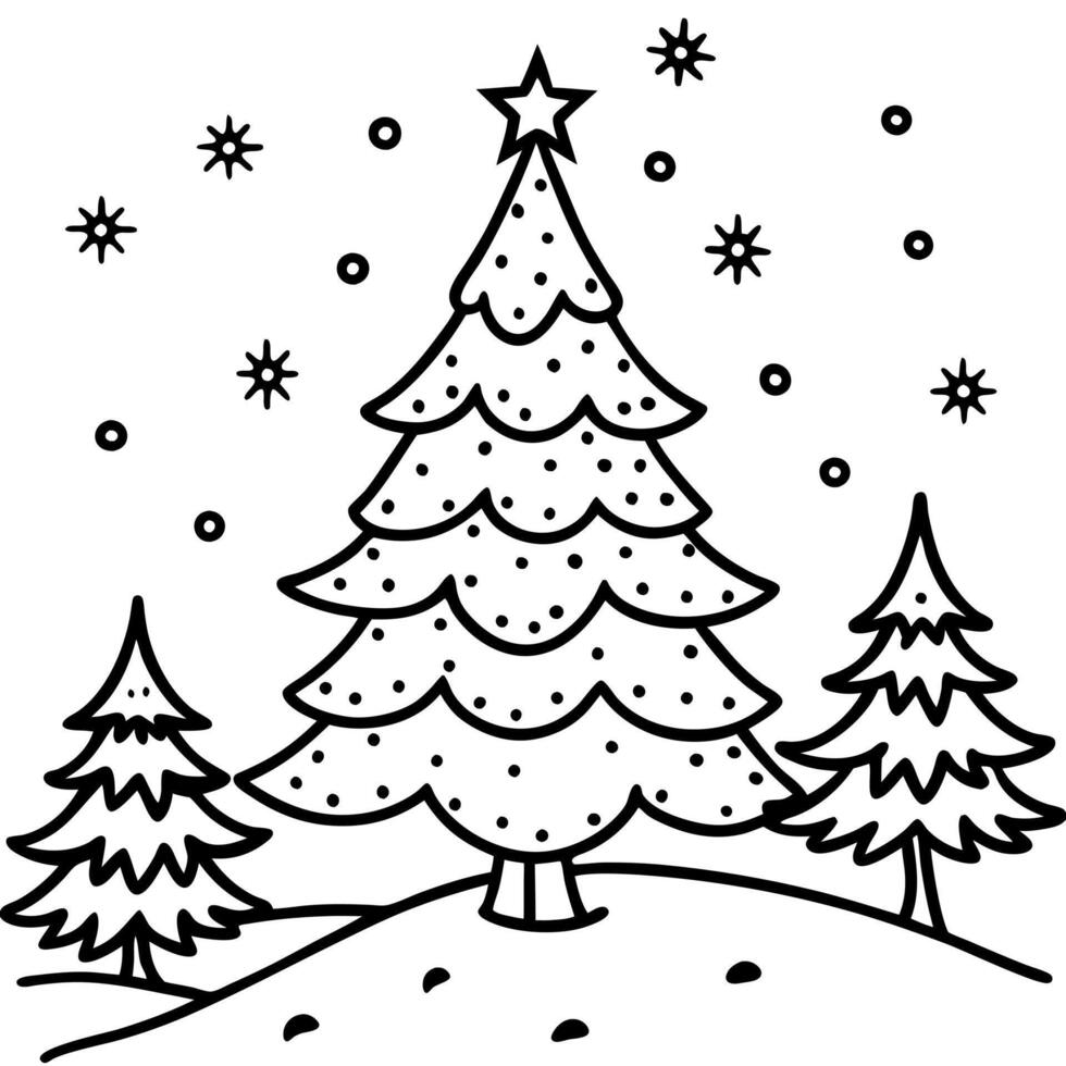 Christmas tree in the winter landscape. snow. night. decorated xmas tree vector