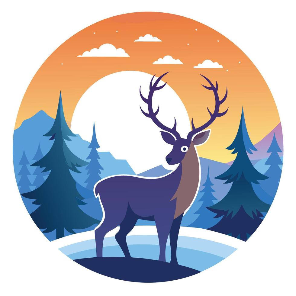 Image of reindeer looking away in the snowy forest at sunset vector