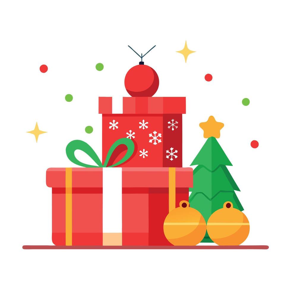 A red gift box sitting on top of a table next to christmas decorations. vector