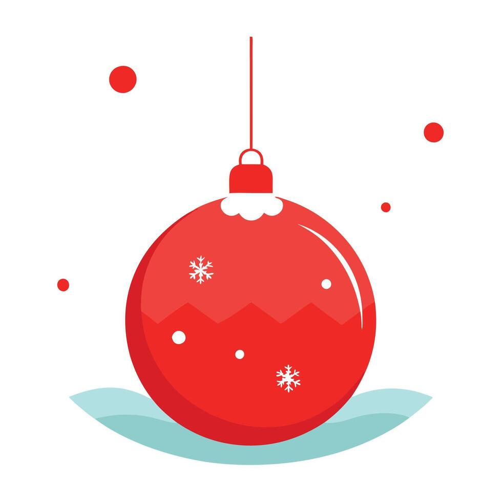 Red christmas ball on snow. Background of red and snow for Christmas with hanging ornaments. vector