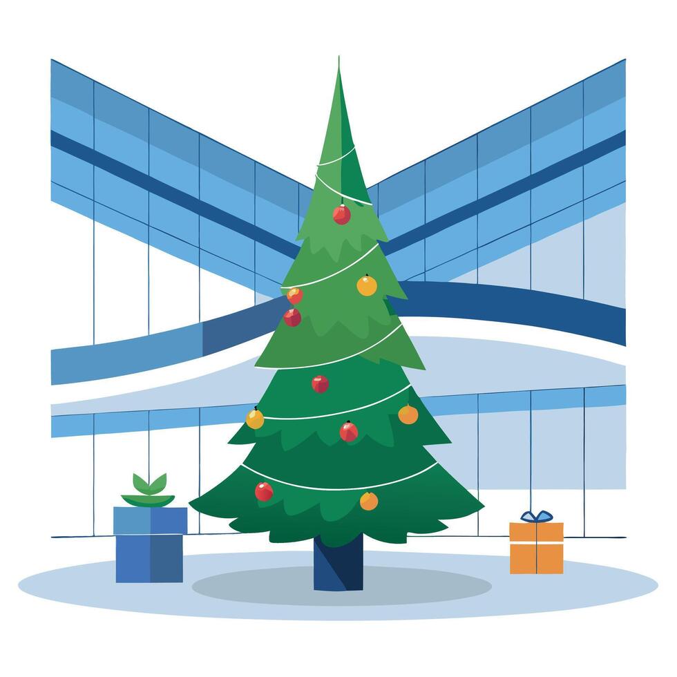 3d rendering of christmas tree in lobby of modern office building. vector