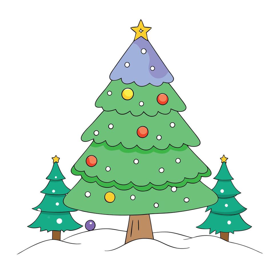 Illuminated and decorated christmas tree in a winter forest on Christmas eve. vector