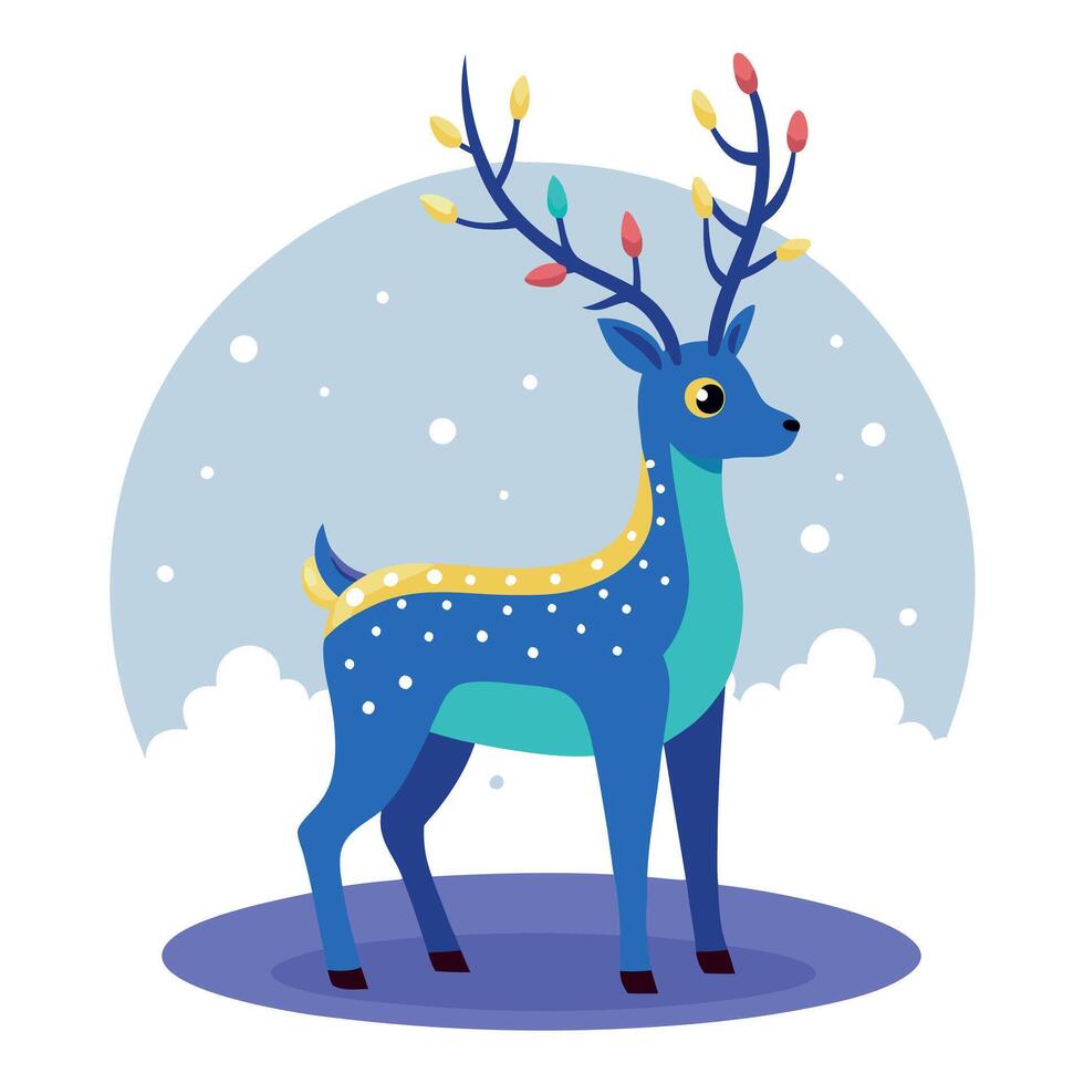 A magic festive reindeer covered in glowing lights in a winter scene. vector