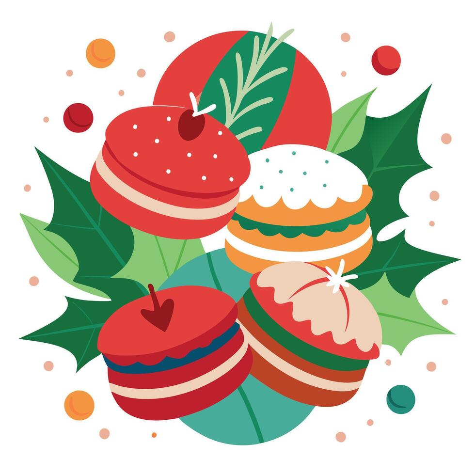 Festive christmas macarons in abstract arrangement. flat lay vector