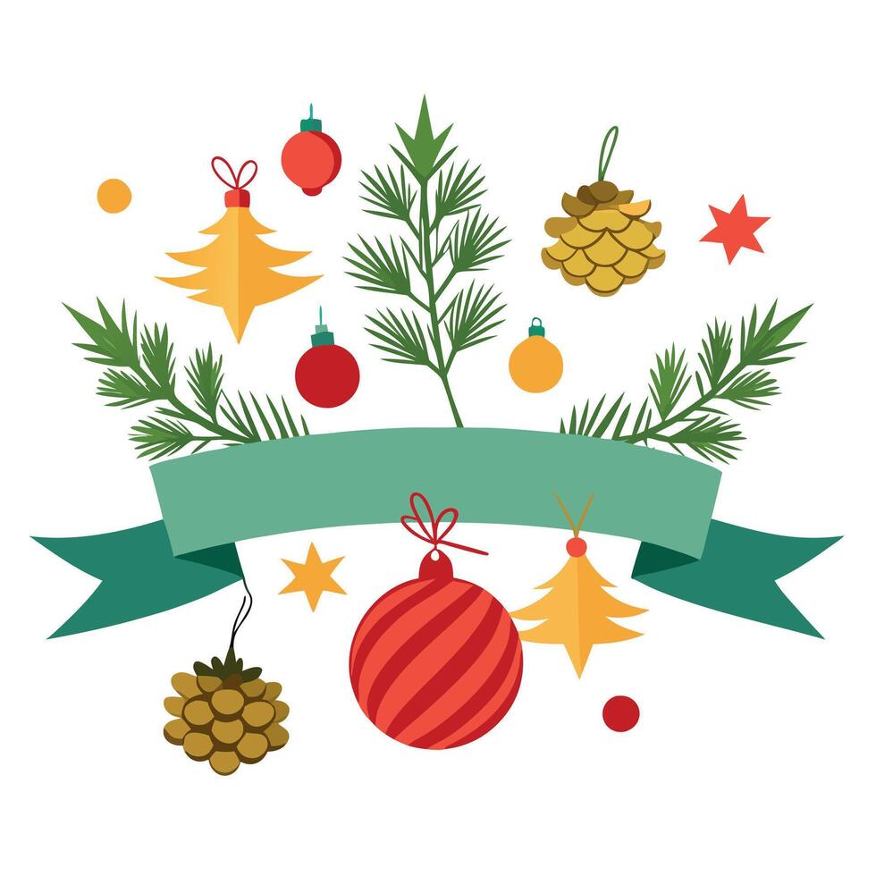 Banner of decorative christmas tree branches with cones and balls vector