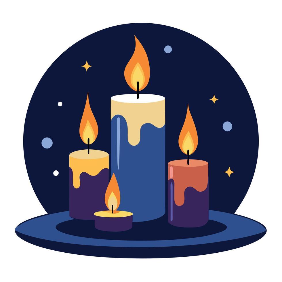 Burning candles on dark background. peaceful scene with copy space. extra wide. vector