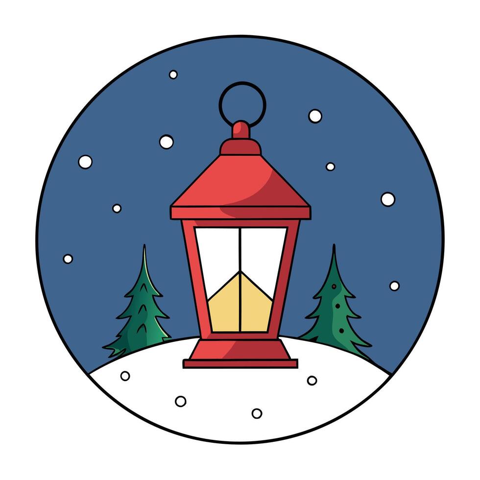 Christmas lantern on snow with fir branch in evening scene vector
