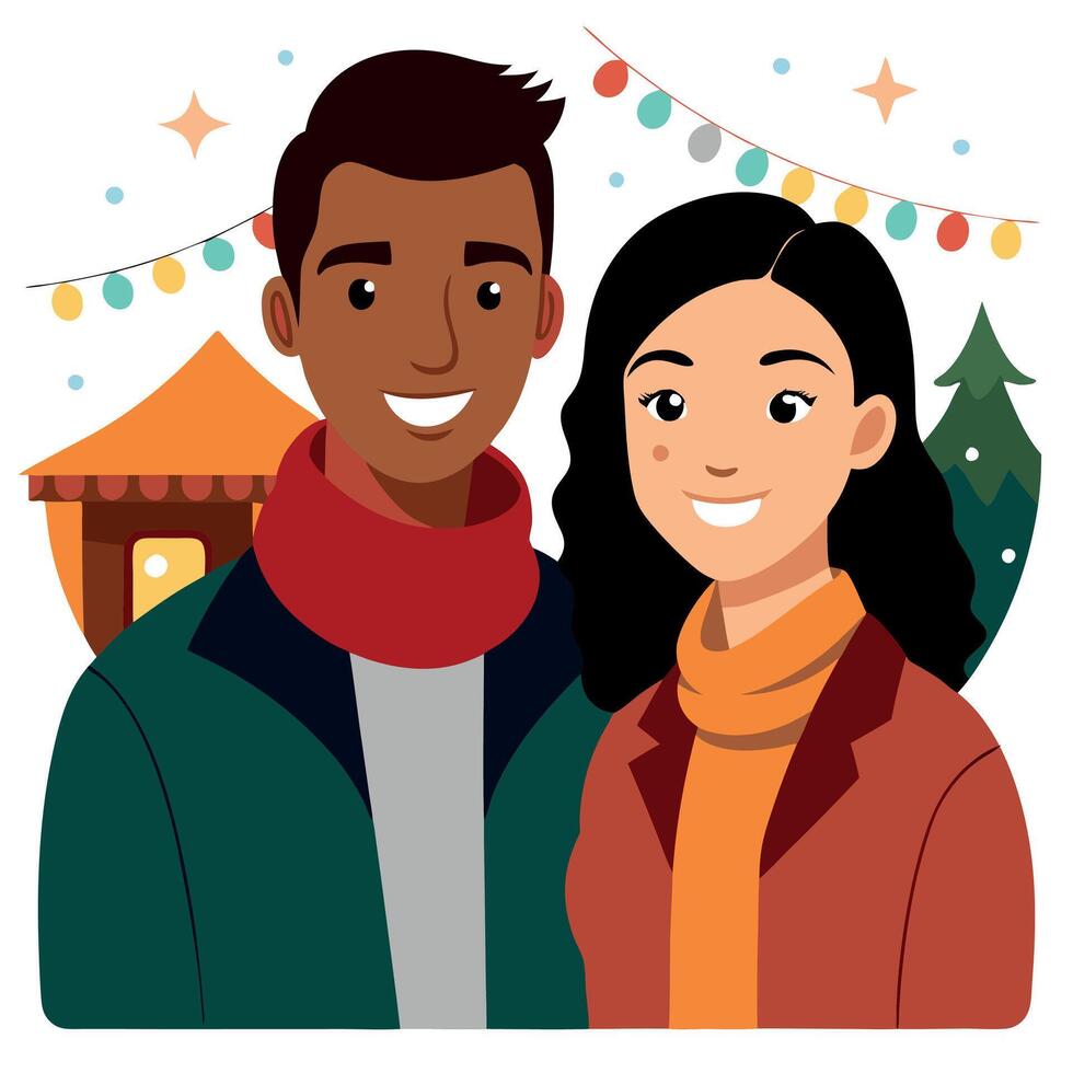 Portrait of diverse couple looking at camera smiling at christmas market. vector