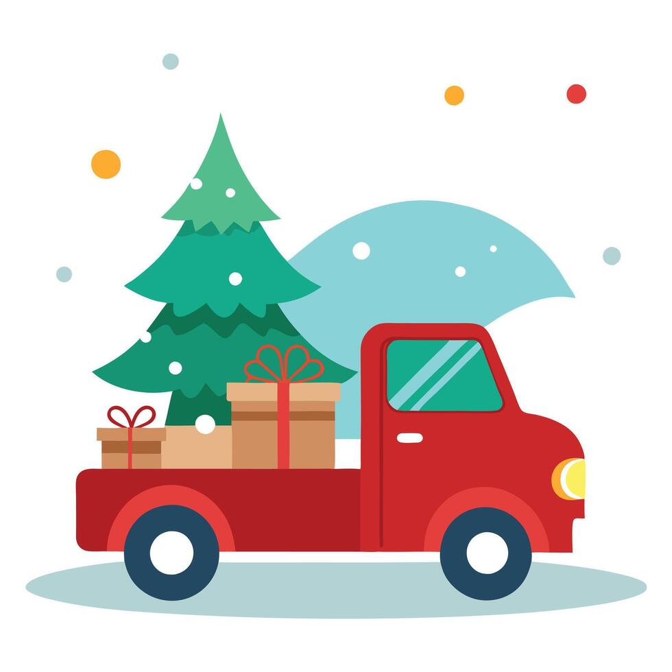 A truck that is decorated for the Christmas holidays drives in the snow during the winter vector