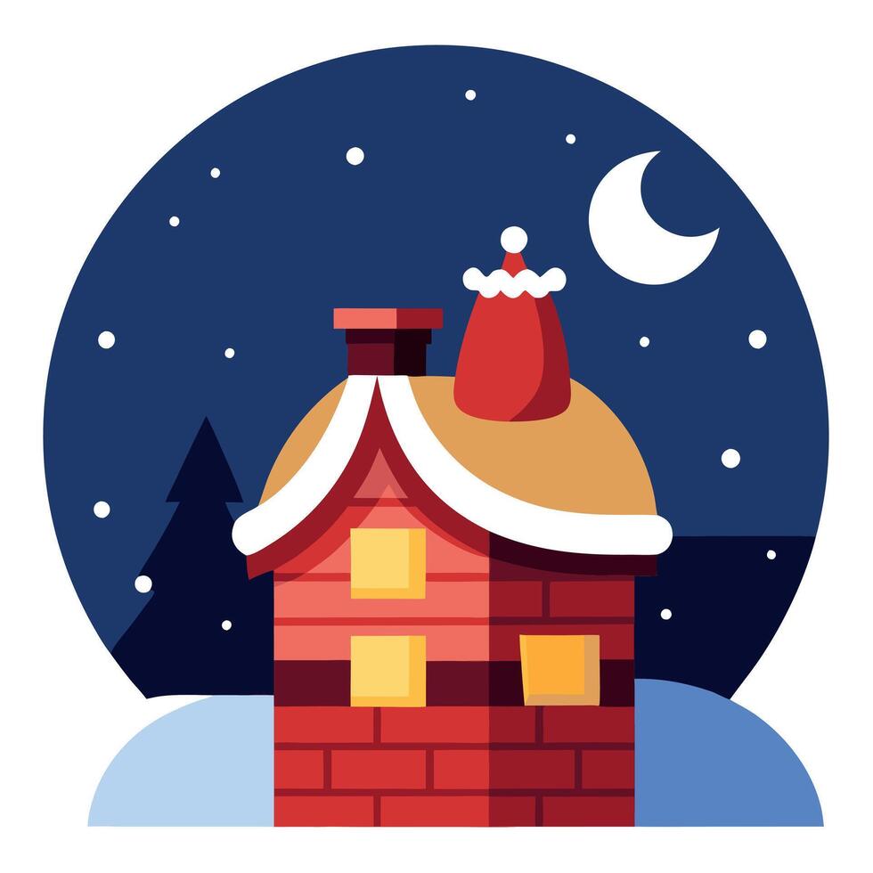 Santa gifts bag on the roof of the house at night of christmas eve vector