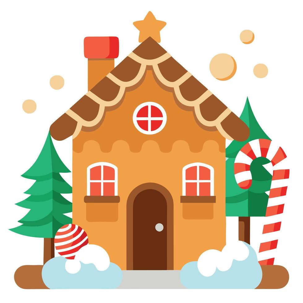 A christmas scene with a gingerbread house and candy canes. vector
