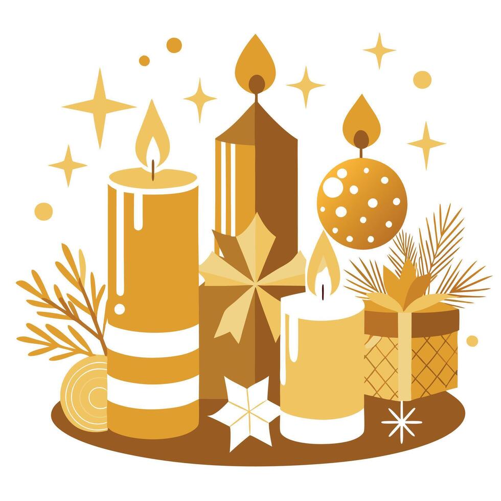 Set of christmas candles and theamed decorations in gold tones vector