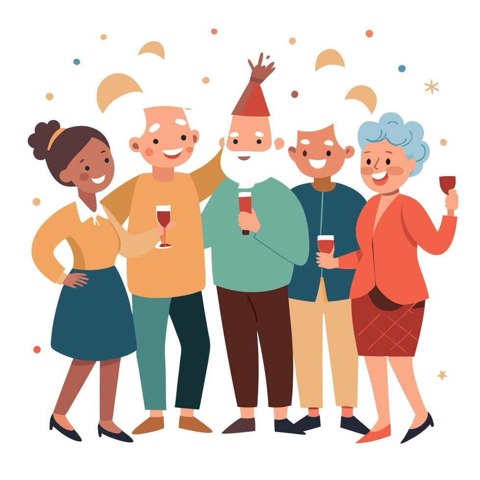 Senior friends in their 70s having fun at New Year party vector