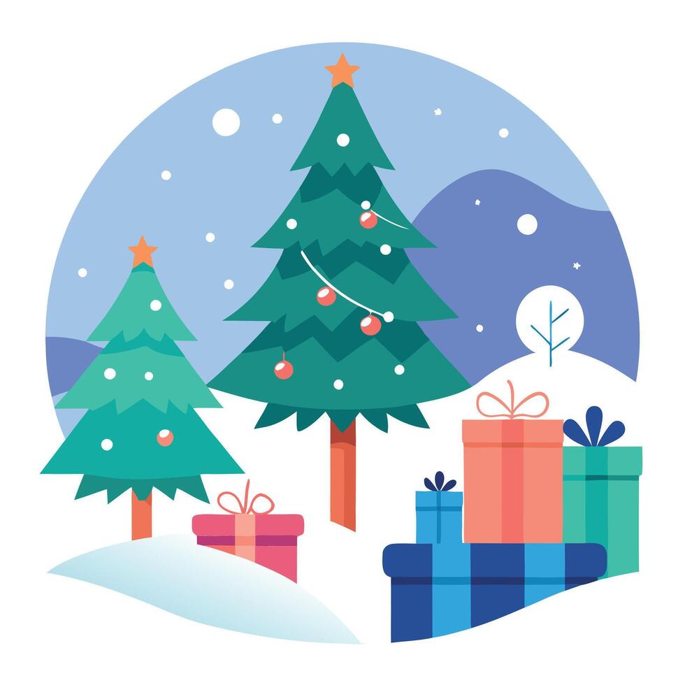 A snowy winter landscape with christmas presents and trees. vector