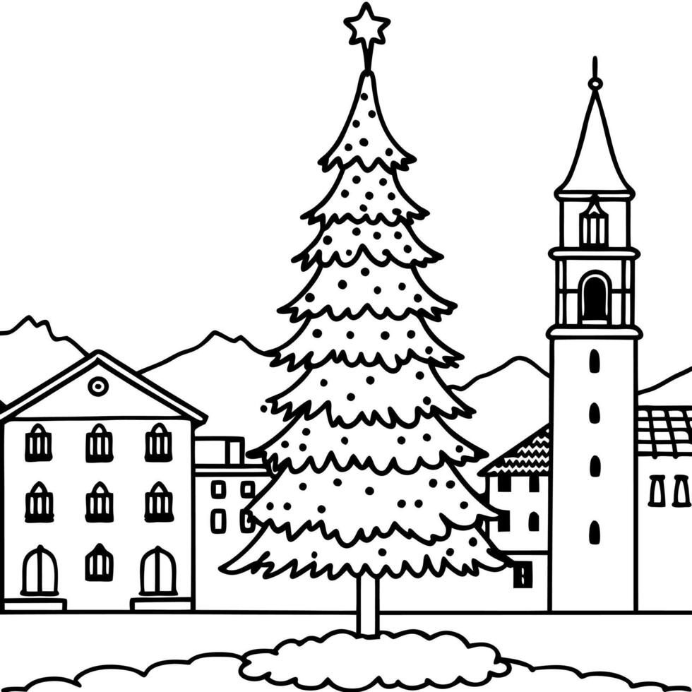 Tall Christmas Tree in the middle of a village square. vector