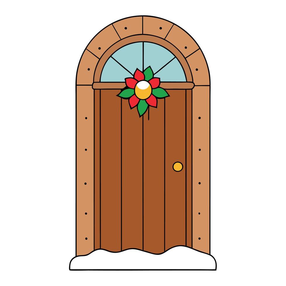 Wooden front door with christmas wreath and snow on it vector