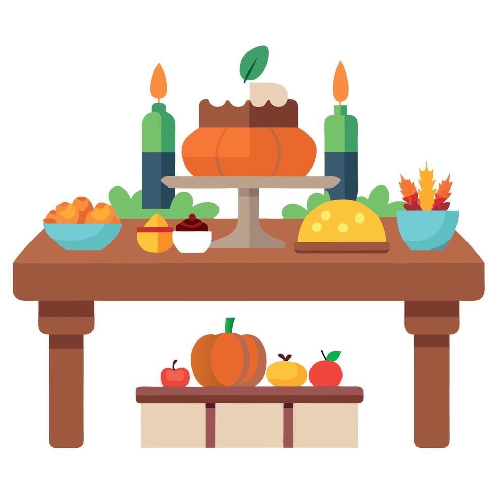 Thanksgiving table with pumpkin, apples, and other food vector