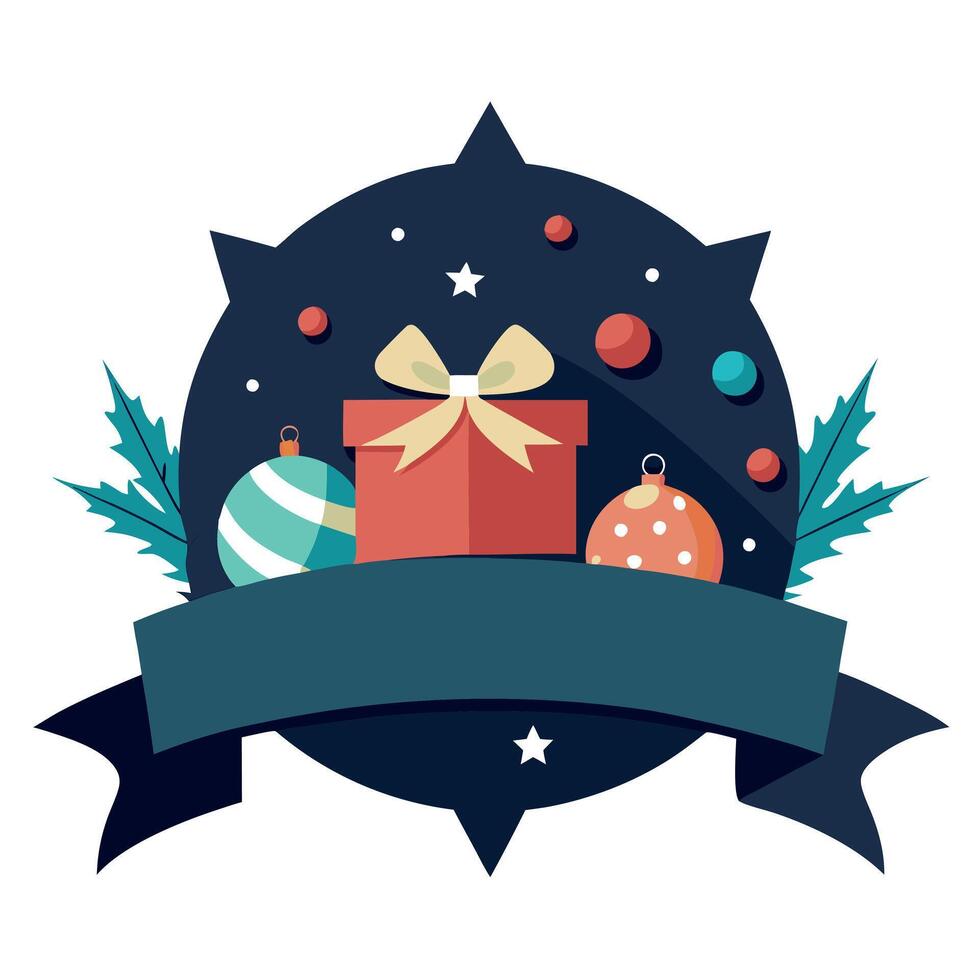 Dark banner with christmas baubles and gift box with bow with space for text. vector