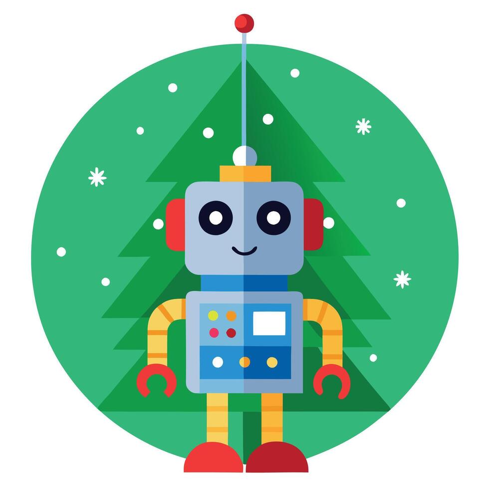 Christmas toy robot hanging on a christmas tree. green background vector