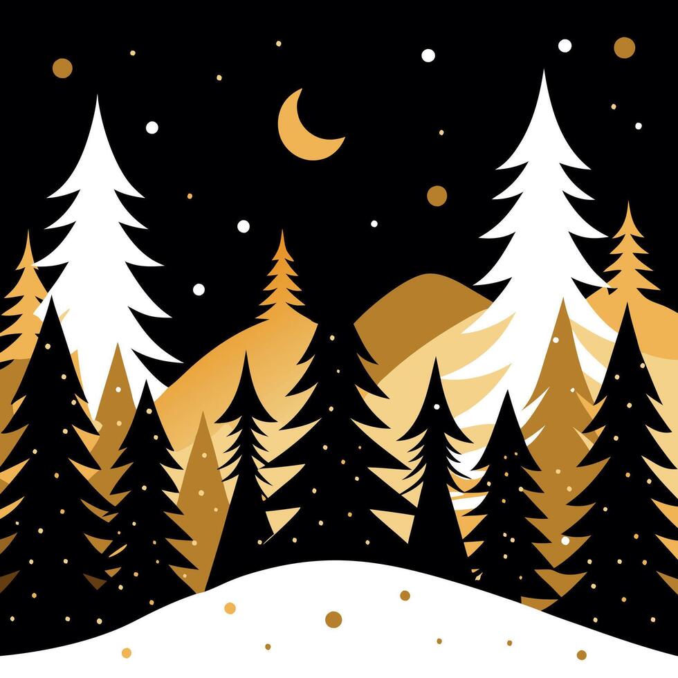 Beautiful christmas holiday background with a forest in black and gold. Abstract winter wallpaper. vector