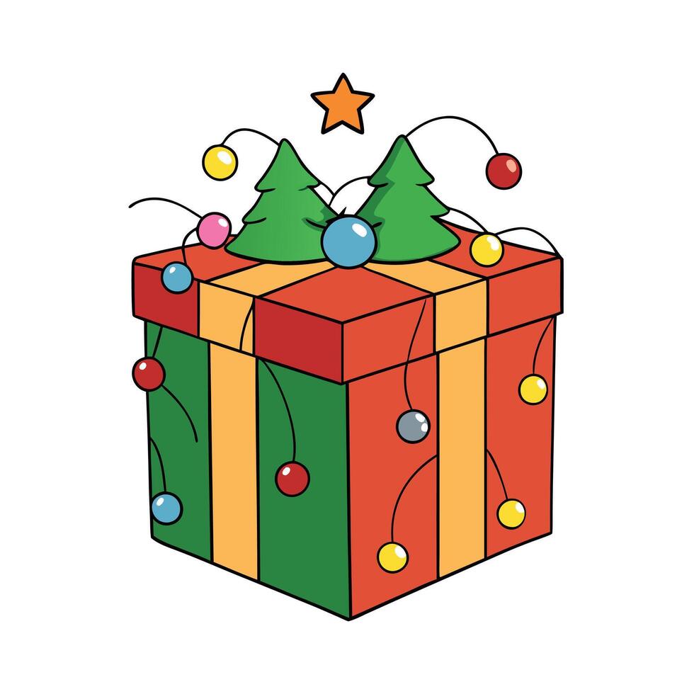 Christmas gift box with tree decorations and lights in the background. vector