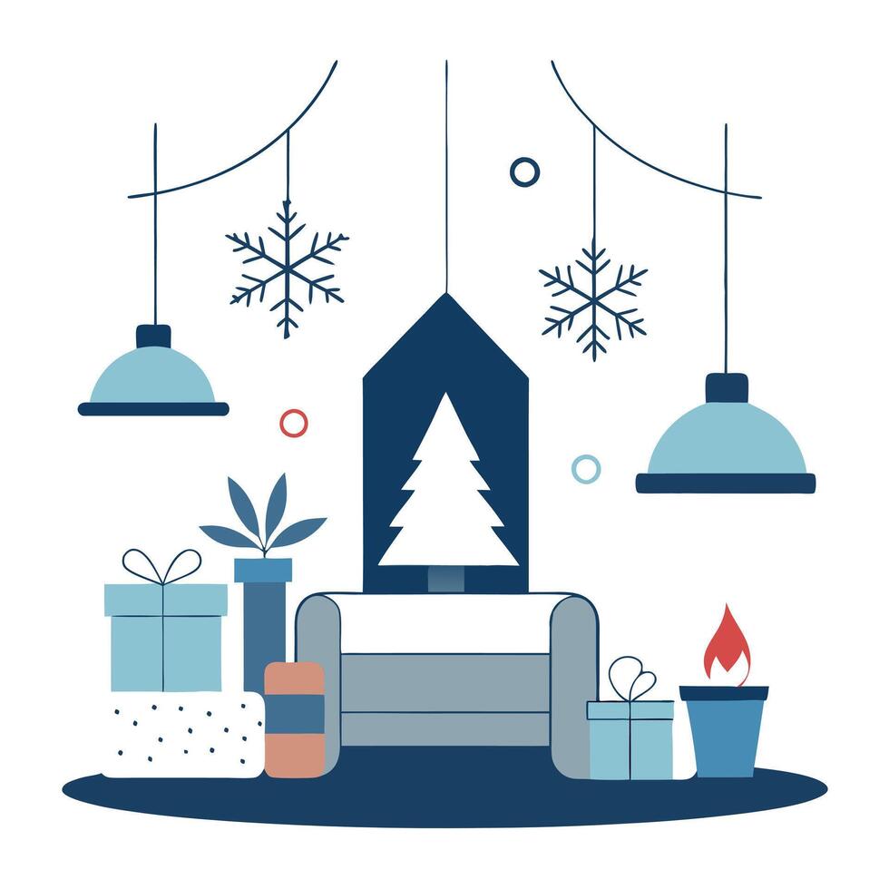 Stylish Christmas scandinavian minimalistic interior with white decor. vector