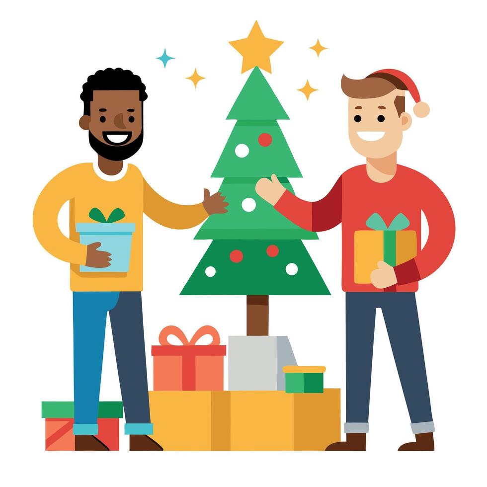 Two diverse happy man preparing for christmas decorating home. vector