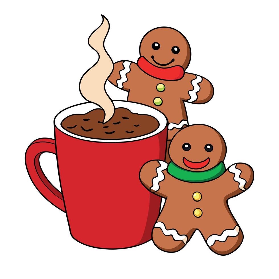 Gingerbread christmas cookies near to hot steaming cacao in colorful funny christmas mug. vector