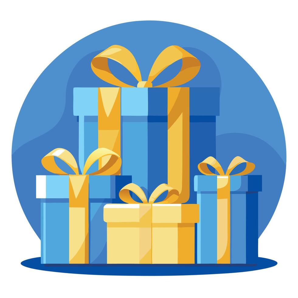 Gift boxes with gold ribbons on blue background with copy space vector