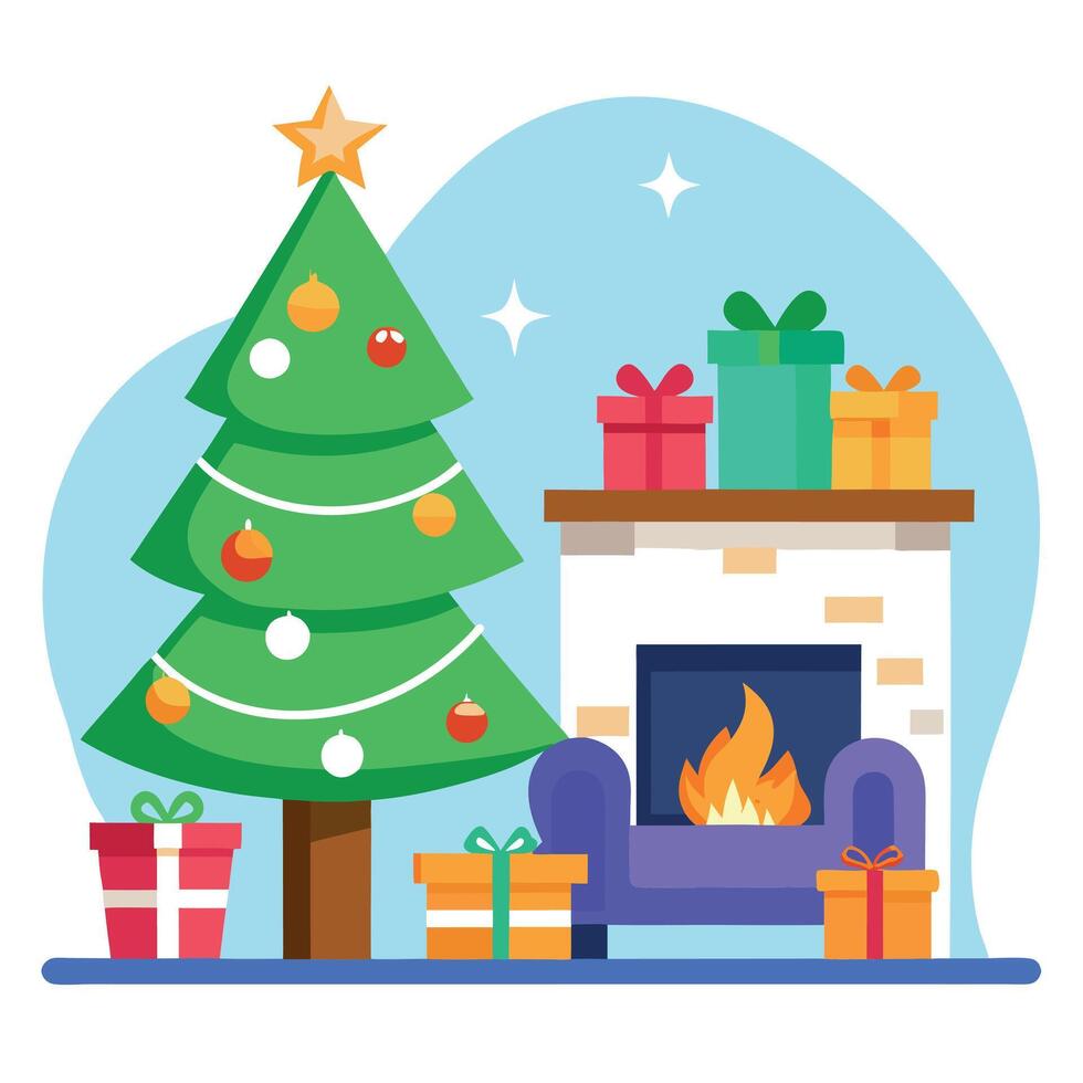 A living room decorated for christmas with a christmas tree and a fireplace vector
