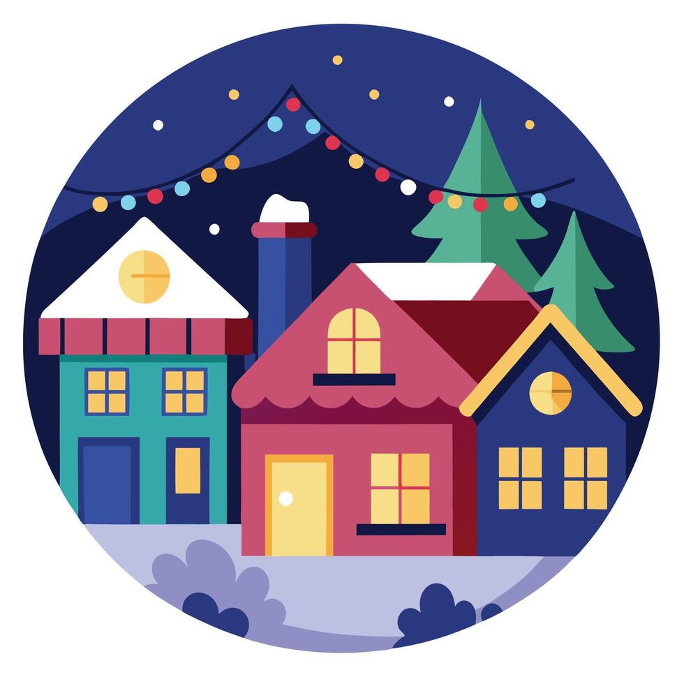 Traditional houses decorated with christmas garlands and lights at evening. vector