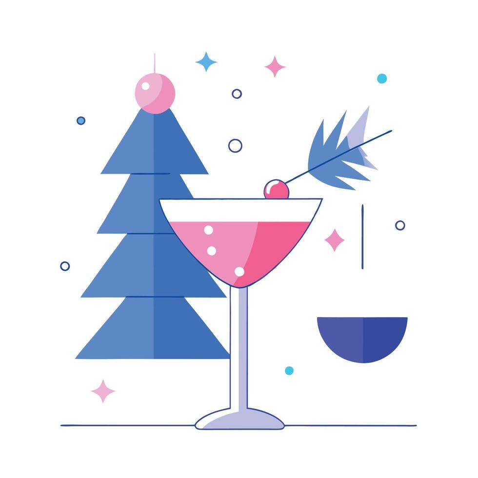 Cocktail on white table. christmas tree and lights on background blue and pink. pastel created with vector