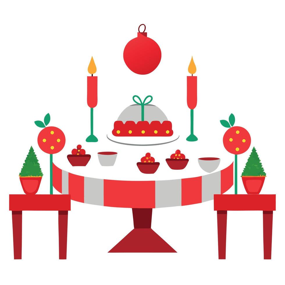 Table decorated for Christmas eve dinner with red ornaments vector