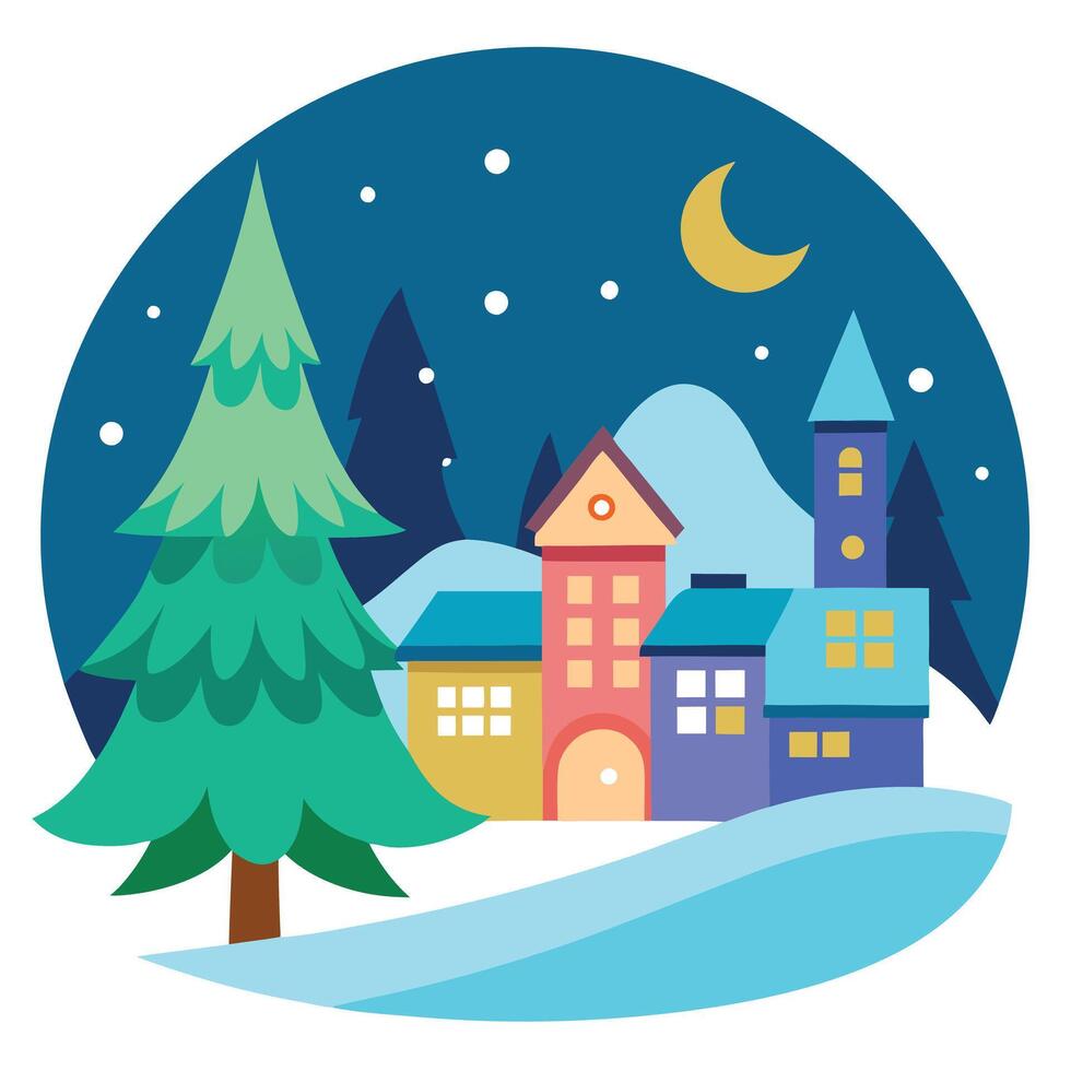 Cartoon winter landscape with christmas tree. houses and moon in the fantasy village vector