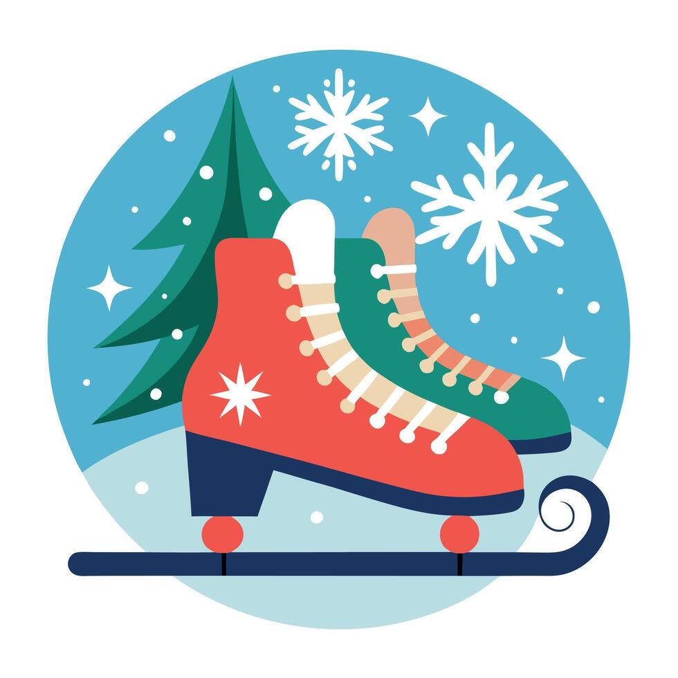 Vintage ice skates on a festive winter backdrop for Christmas and New Year vector