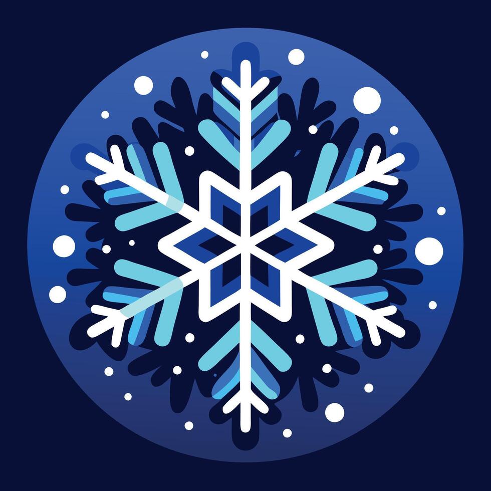 A snowflake is shown in the dark with snow flakes on it's sides and a blue background. vector