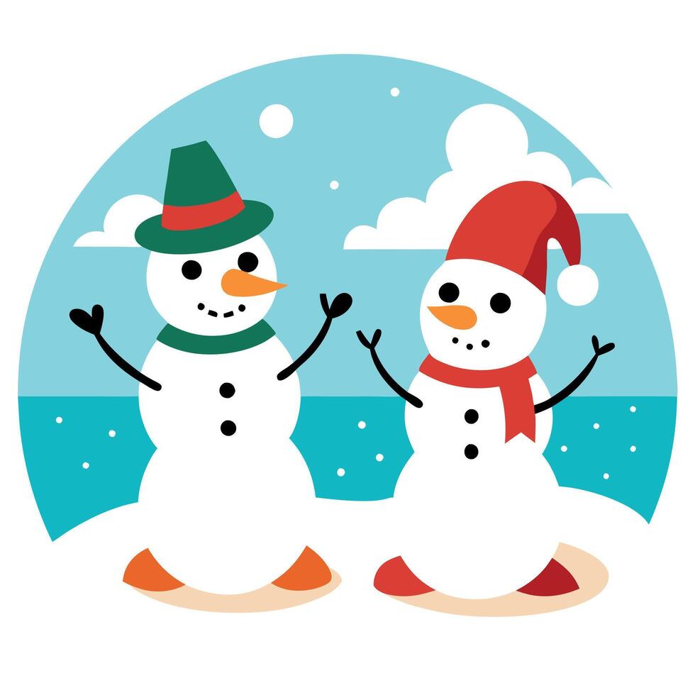Two Sandy Christmas Snowmen are celebrating Christmas on a beautiful beach. vector