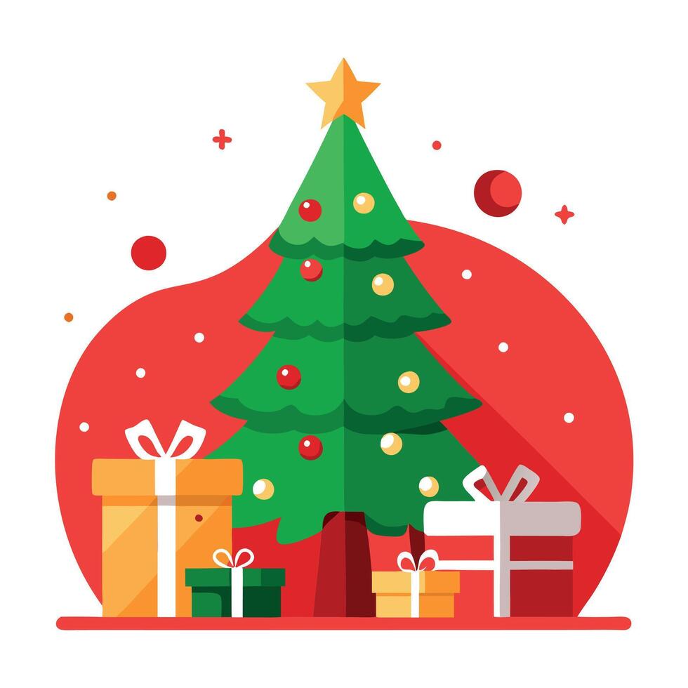 Red christmas background with decorated christmas tree and presents vector