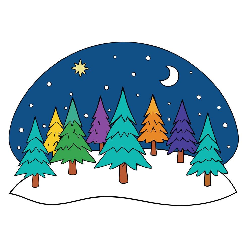 Christmas illustration. winter night forest with colorful trees and nature. vector