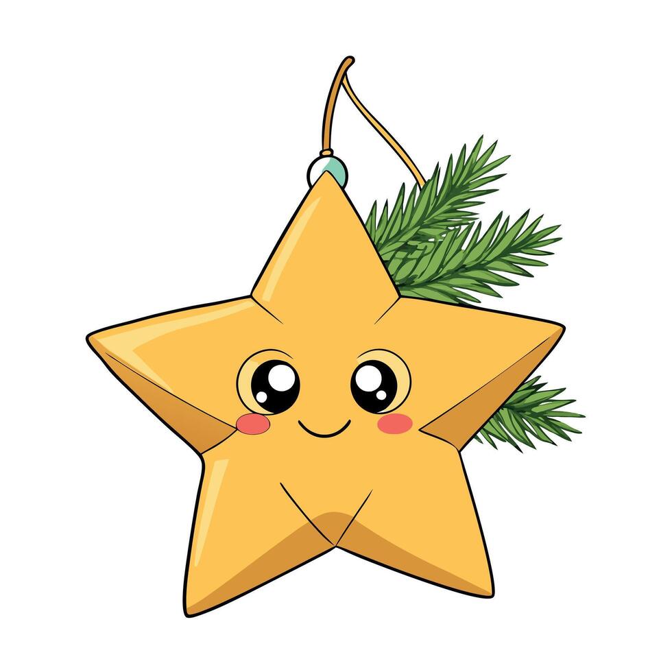 Close-up of gold sparkling star ornament hanging on a christmas tree vector