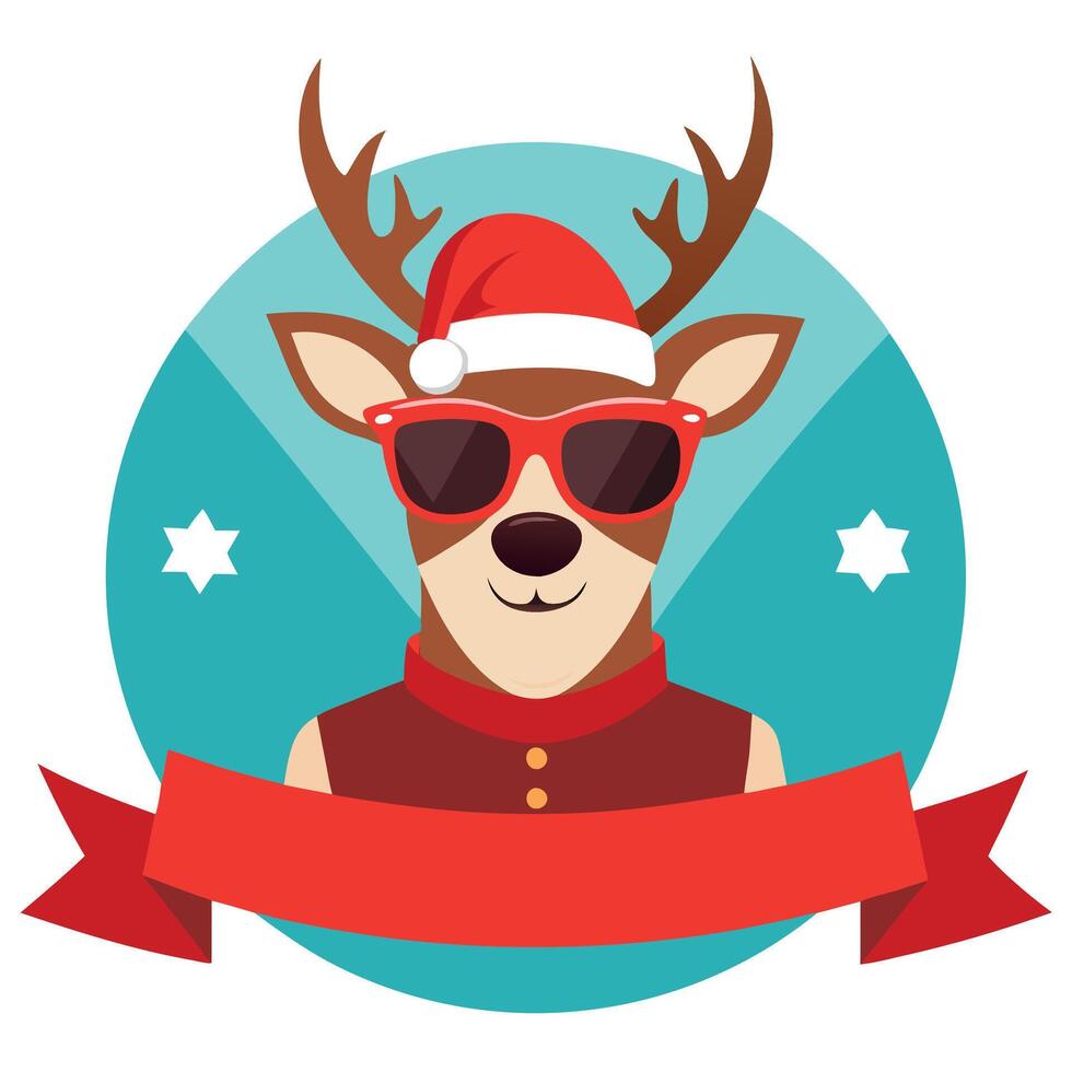 Portrait of reindeer Rudolph with sunglasses. Merry Christmas banner. vector