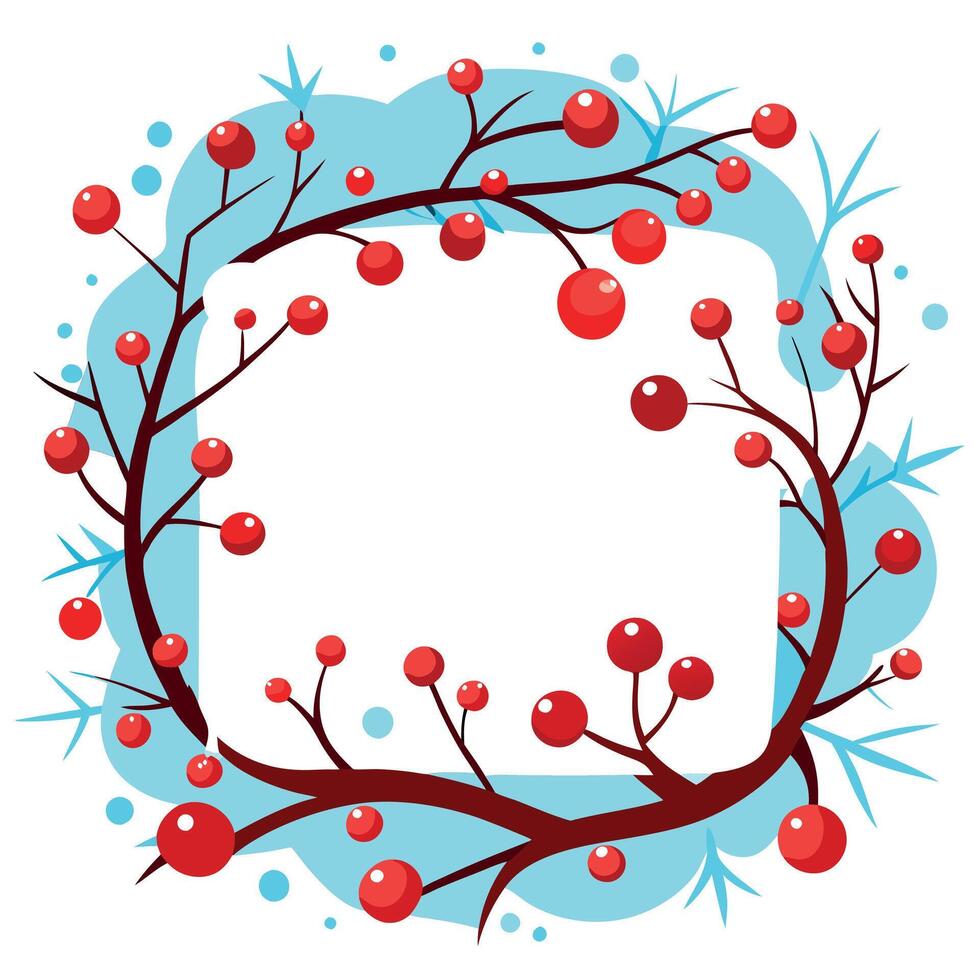 Snow-covered board frame framed by branches with red berries covered in frost. Copy space. vector