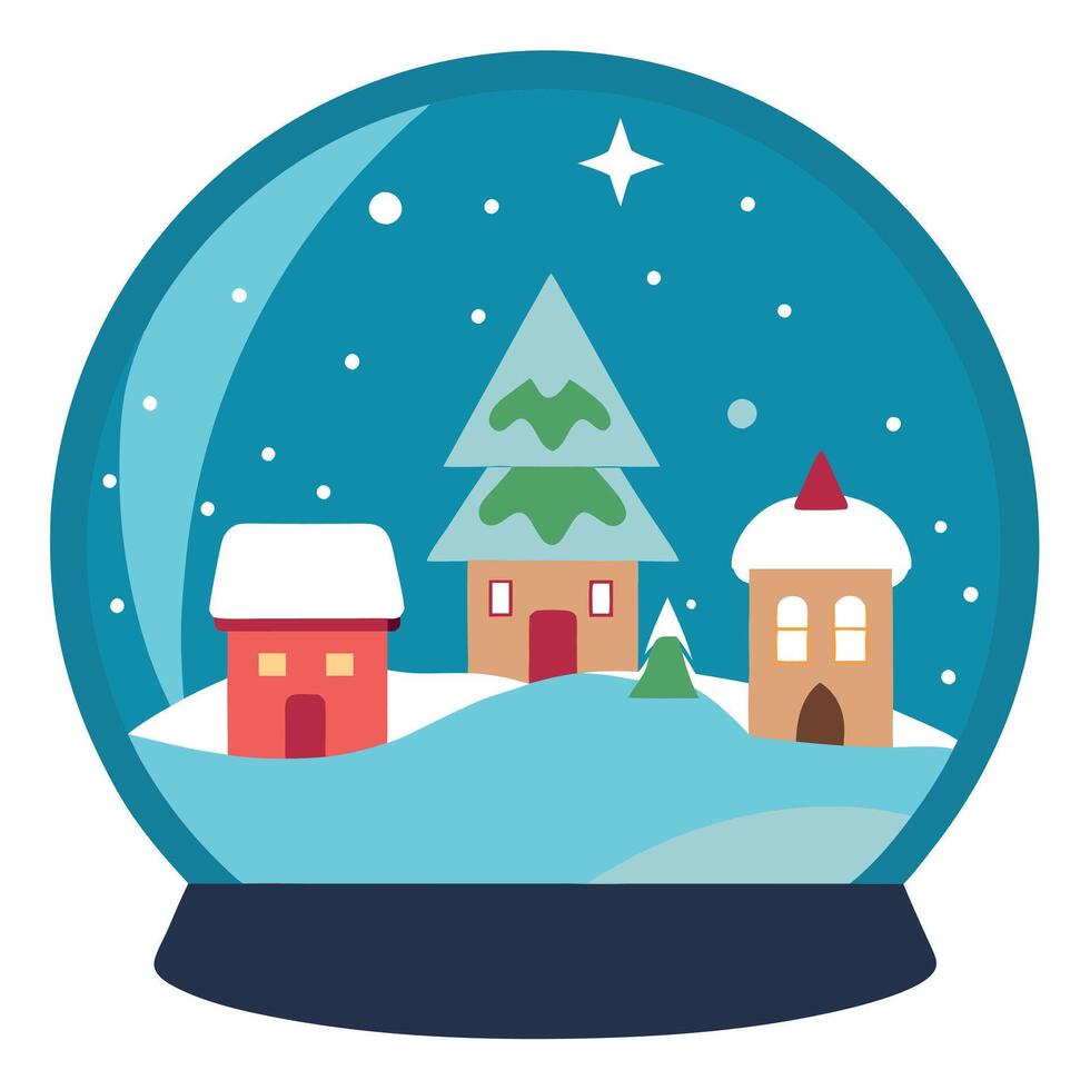 Snow globe with winter town and Christmas trees inside. vector