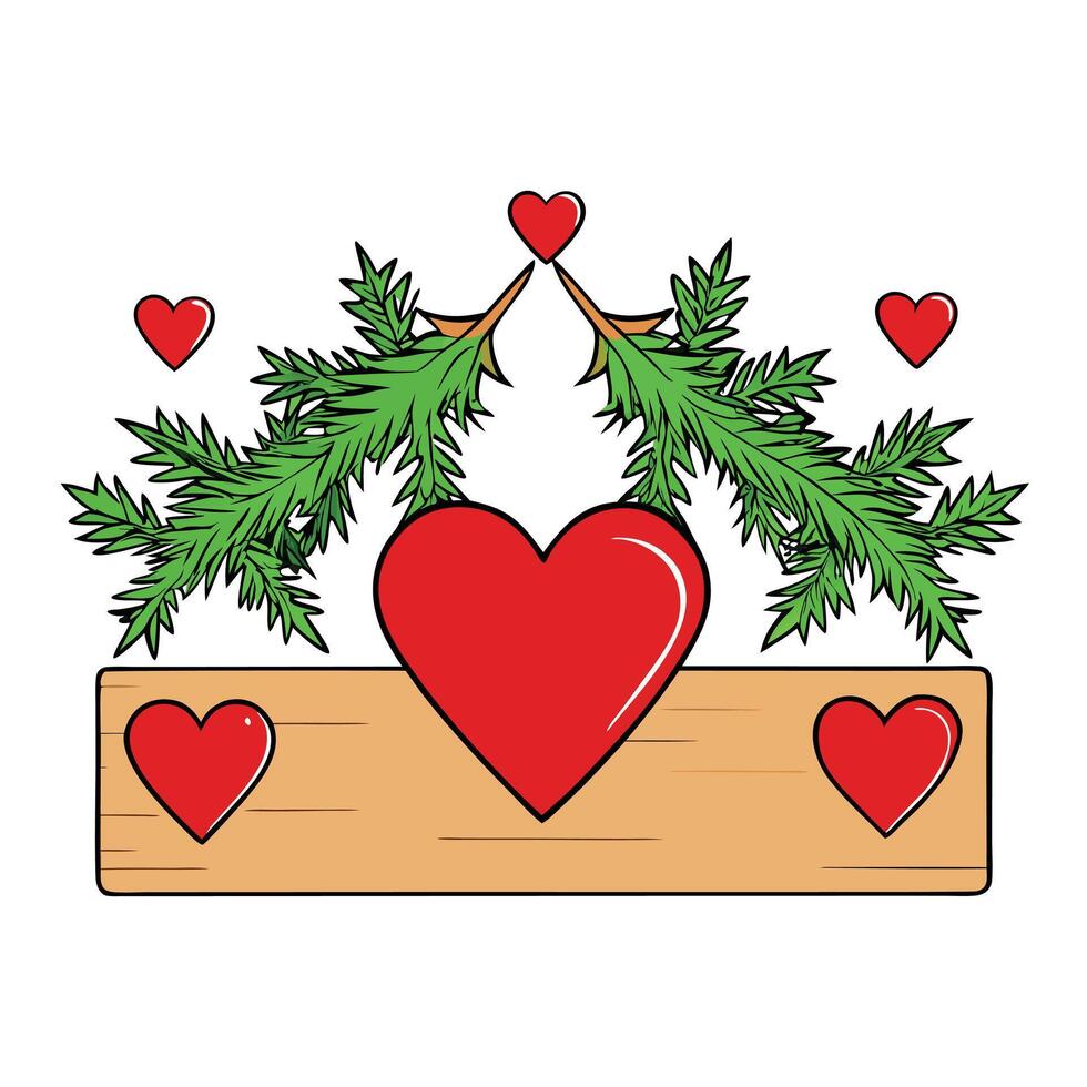 Christmas holiday evergreen pine branches and red hearts wood background with copy space vector