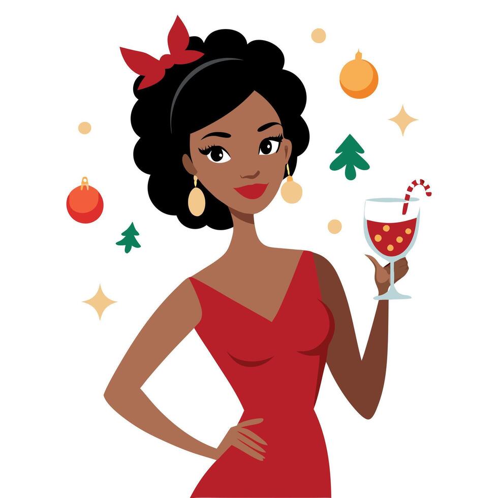 Beautiful young black woman enjoying christmas with a glass of wine vector