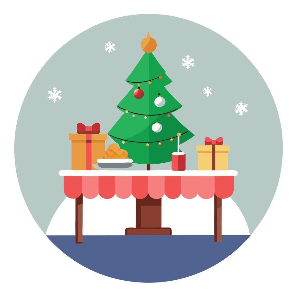 Christmas Table with a christmas tree in the background. vector